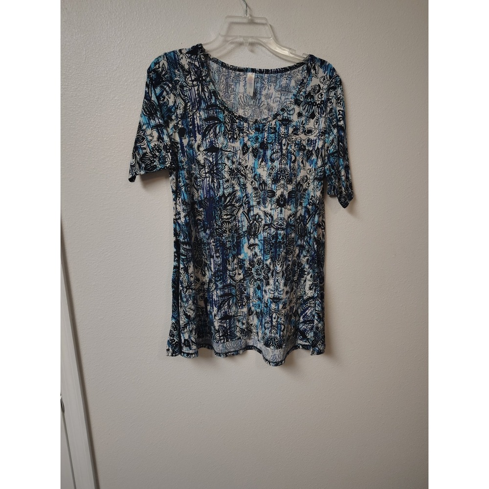 LuLaRoe Irma Tunic Top Womens Small Blue Black Floral Damask Short Sleeve Knit